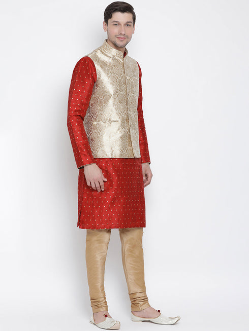 Vastramay Men's Rose Gold Jacquard Jacket With Kurta Pyjama Sett