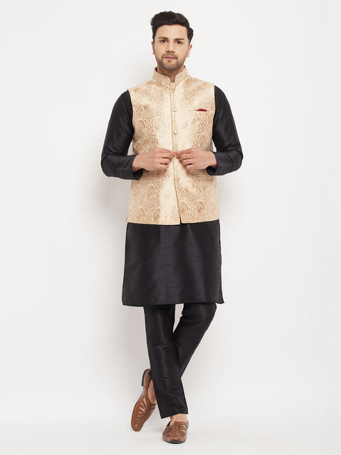 Vastramay Men's Rose Gold Jacquard Jacket With Kurta And Pant Set
