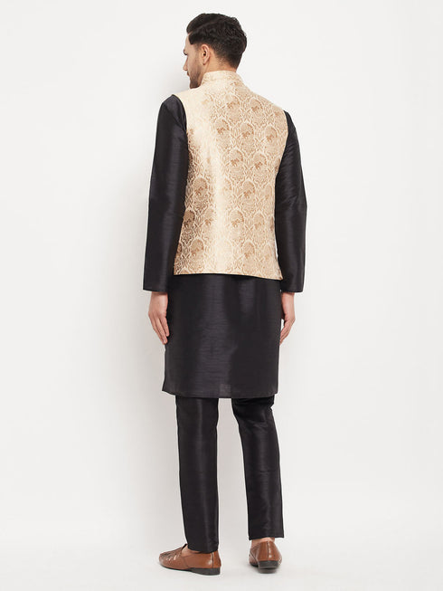 Vastramay Men's Rose Gold Jacquard Jacket With Kurta And Pant Set