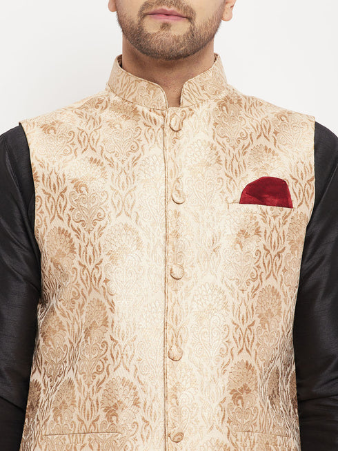 Vastramay Men's Rose Gold Jacquard Jacket With Kurta And Pant Set