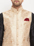 Vastramay Men's Rose Gold Jacquard Jacket With Kurta And Pant Set
