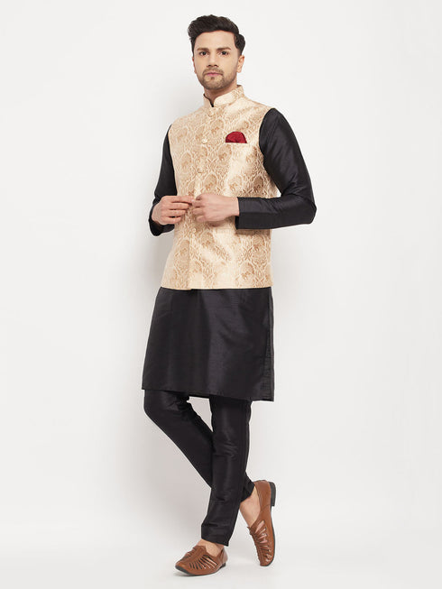 Vastramay Men's Rose Gold Jacquard Jacket With Kurta And Pant Set