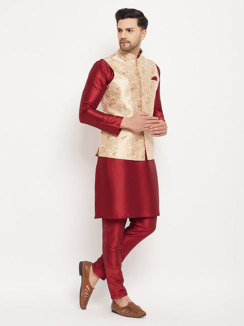 Vastramay Men's Rose Gold Jacquard Jacket With Kurta And Pant Set