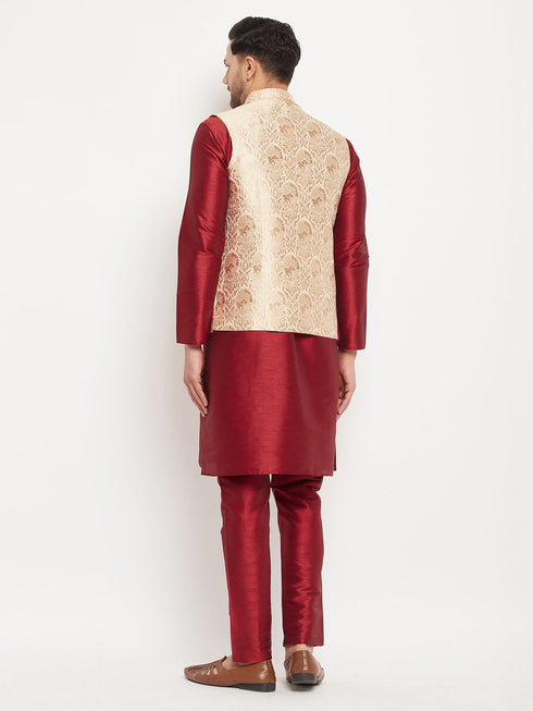 Vastramay Men's Rose Gold Jacquard Jacket With Kurta And Pant Set