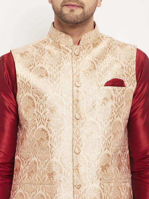 Vastramay Men's Rose Gold Jacquard Jacket With Kurta And Pant Set