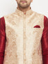 Vastramay Men's Rose Gold Jacquard Jacket With Kurta And Pant Set
