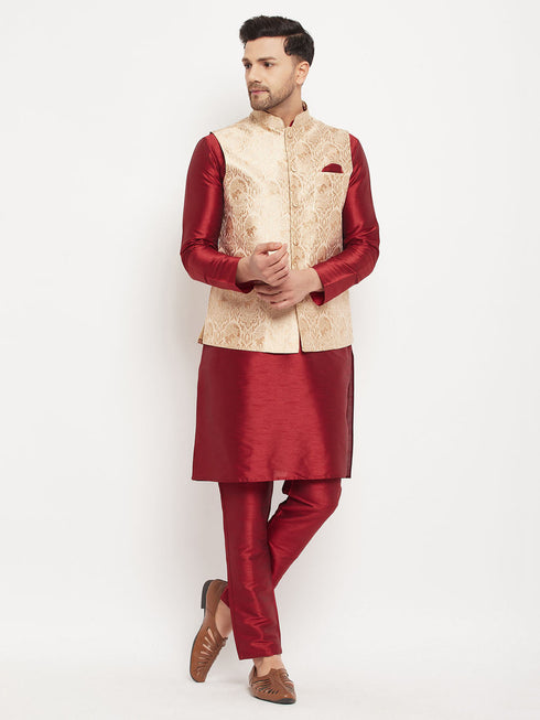 Vastramay Men's Rose Gold Jacquard Jacket With Kurta And Pant Set