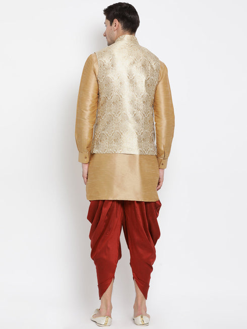 Vastramay Men's Rose Gold Jacquard Jacket With Kurta Dhoti Set