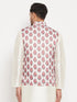 Vastramay Men's White & Red Floral Printed Slim-Fit Satin Nehru Jacket