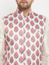 Vastramay Men's White & Red Floral Printed Slim-Fit Satin Nehru Jacket