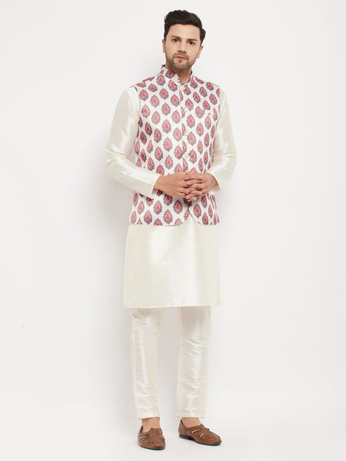 Vastramay Men's Cream Printed Ethnic Jacket With Cream Silk Blend Kurta and Pant Style Pyjama Set