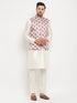 Vastramay Men's Cream Printed Ethnic Jacket With Cream Silk Blend Kurta and Pant Style Pyjama Set