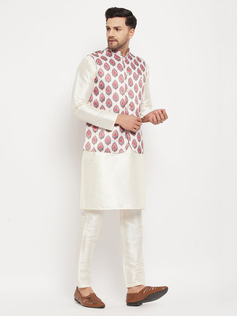 Vastramay Men's Cream Printed Ethnic Jacket With Cream Silk Blend Kurta and Pant Style Pyjama Set