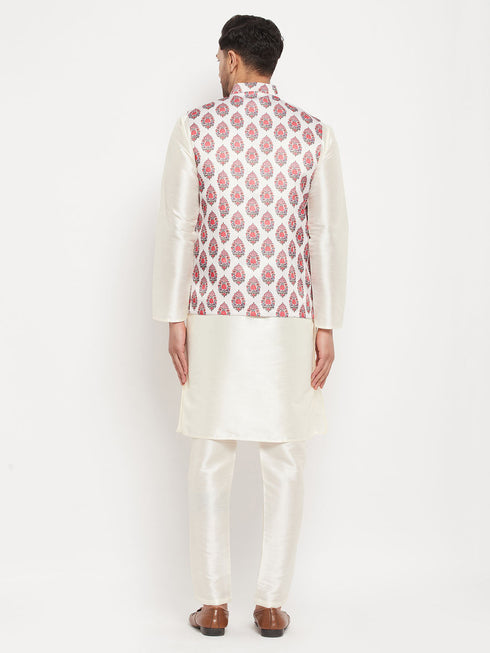 Vastramay Men's Cream Printed Ethnic Jacket With Cream Silk Blend Kurta and Pant Style Pyjama Set