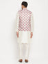 Vastramay Men's Cream Printed Ethnic Jacket With Cream Silk Blend Kurta and Pant Style Pyjama Set