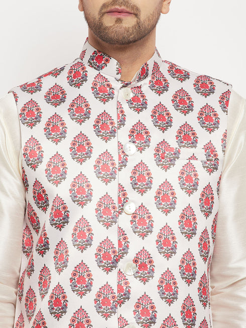 Vastramay Men's Cream Printed Ethnic Jacket With Cream Silk Blend Kurta and Pant Style Pyjama Set