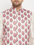Vastramay Men's Cream Printed Ethnic Jacket With Cream Silk Blend Kurta and Pant Style Pyjama Set