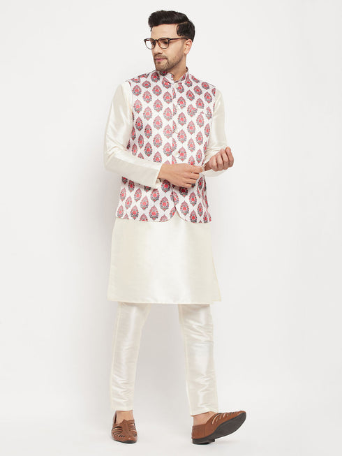 Vastramay Men's Cream Printed Ethnic Jacket With Cream Silk Blend Kurta and Pant Style Pyjama Set