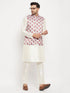 Vastramay Men's Cream Printed Ethnic Jacket With Cream Silk Blend Kurta and Pant Style Pyjama Set
