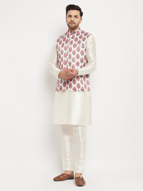 Vastramay Men's Cream Printed Ethnic Jacket With Cream Silk Blend Kurta and Pant Style Pyjama Set