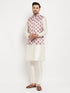 Vastramay Men's Cream Printed Ethnic Jacket With Cream Silk Blend Kurta and Pant Style Pyjama Set