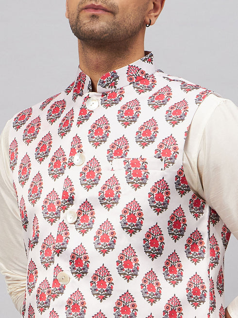 Vastramay Men's Multicolor Printed Ethnic Jacket With Cream Silk Blend Kurta and Pyjama Set