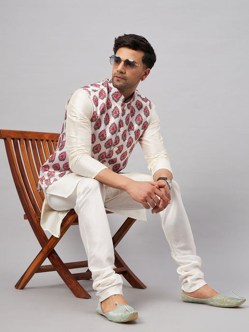 Vastramay Men's Multicolor Printed Ethnic Jacket With Cream Silk Blend Kurta and Pyjama Set