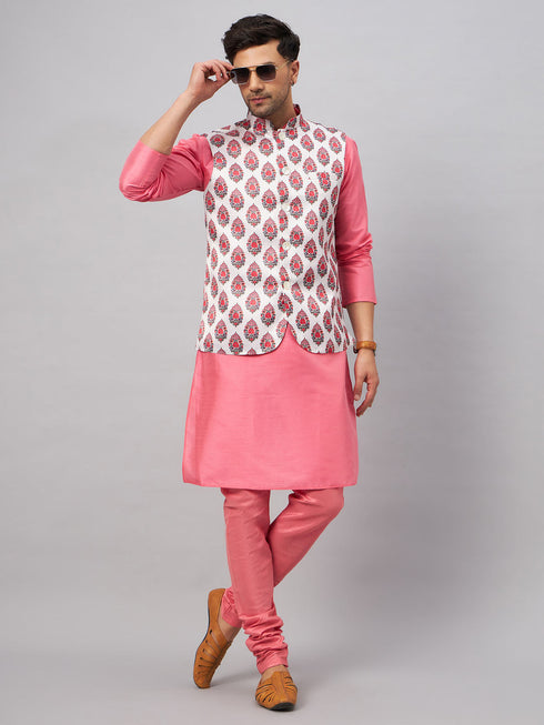 Vastramay Men's Multicolor Printed Jacket With Pink Kurta And Pyjama Set