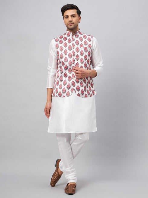 Vastramay Men's Multicolor Printed Ethnic Jacket With White Cotton Blend Kurta and Pyjama Set