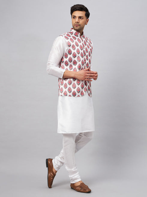 Vastramay Men's Multicolor Printed Ethnic Jacket With White Cotton Blend Kurta and Pyjama Set