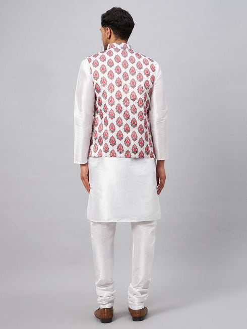 Vastramay Men's Multicolor Printed Ethnic Jacket With White Cotton Blend Kurta and Pyjama Set