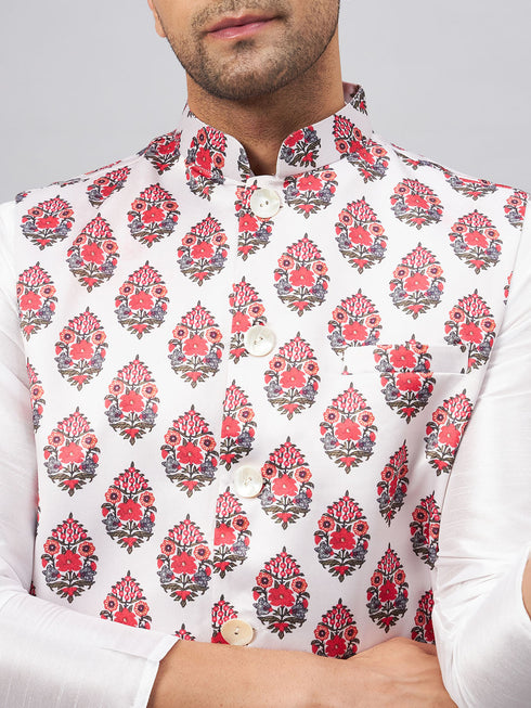 Vastramay Men's Multicolor Printed Ethnic Jacket With White Cotton Blend Kurta and Pyjama Set