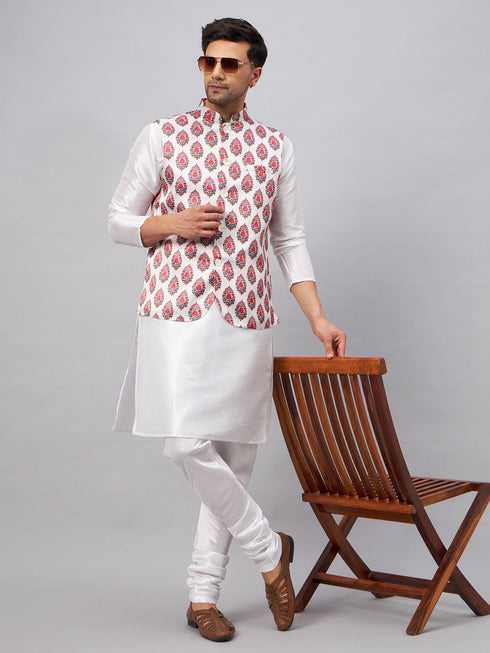 Vastramay Men's Multicolor Printed Ethnic Jacket With White Cotton Blend Kurta and Pyjama Set