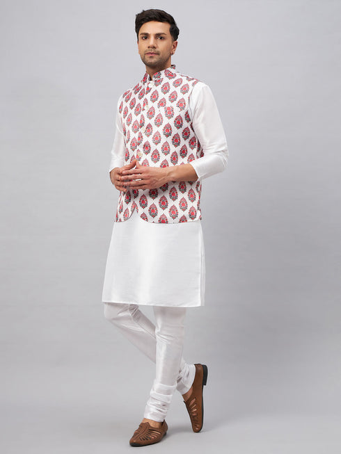 Vastramay Men's Multicolor Printed Ethnic Jacket With White Cotton Blend Kurta and Pyjama Set