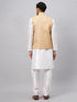 Vastramay Men's Beige Matka Silk Nehru Jacket With White Silk Blend Kurta Pyjama Set