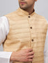Vastramay Men's Beige Matka Silk Nehru Jacket With White Silk Blend Kurta Pyjama Set