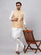 Vastramay Men's Beige Matka Silk Nehru Jacket With White Silk Blend Kurta Pyjama Set