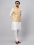 Vastramay Men's Beige Matka Silk Nehru Jacket With White Silk Blend Kurta Pyjama Set