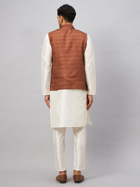 Vastramay Men's Coffee Jacket With Cream Kurta And Pant Set