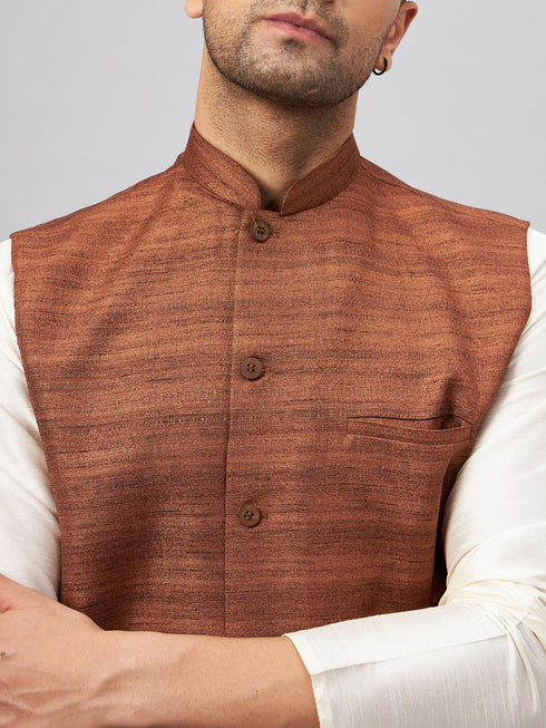 Vastramay Men's Coffee Jacket With Cream Kurta And Pant Set