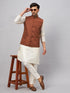 Vastramay Men's Coffee Jacket With Cream Kurta And Pant Set