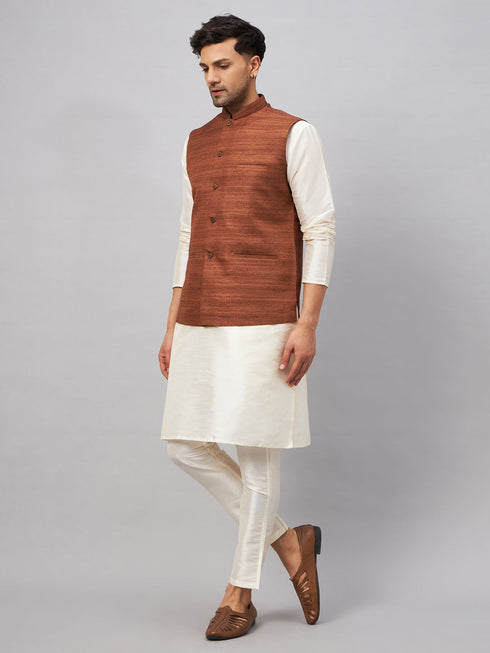 Vastramay Men's Coffee Jacket With Cream Kurta And Pant Set