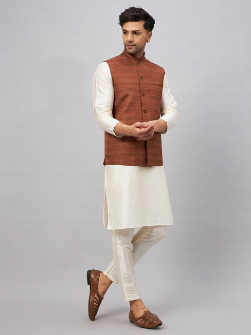 Vastramay Men's Coffee Jacket With Cream Kurta And Pant Set
