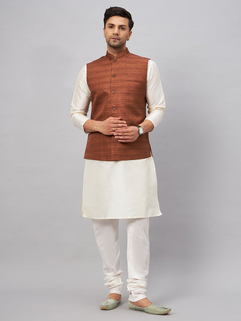 Vastramay Men's Coffee Matka Silk Nehru Jacket With Cream Silk Blend Kurta Pyjama Set