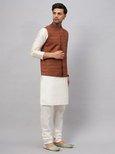 Vastramay Men's Coffee Matka Silk Nehru Jacket With Cream Silk Blend Kurta Pyjama Set