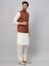 Vastramay Men's Coffee Matka Silk Nehru Jacket With Cream Silk Blend Kurta Pyjama Set