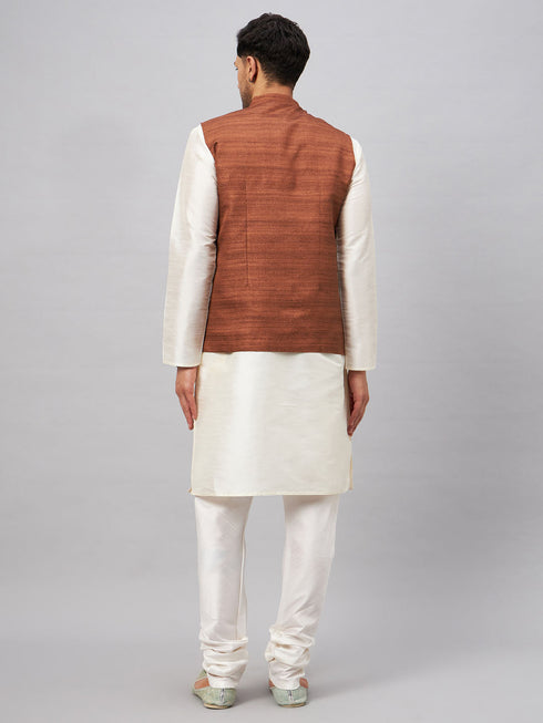 Vastramay Men's Coffee Matka Silk Nehru Jacket With Cream Silk Blend Kurta Pyjama Set
