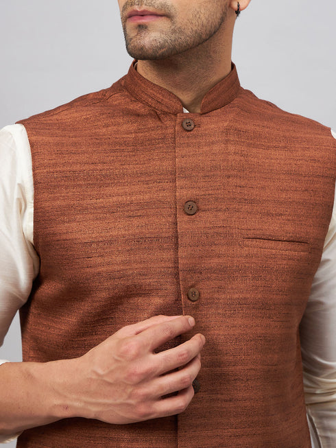 Vastramay Men's Coffee Matka Silk Nehru Jacket With Cream Silk Blend Kurta Pyjama Set