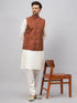 Vastramay Men's Coffee Matka Silk Nehru Jacket With Cream Silk Blend Kurta Pyjama Set