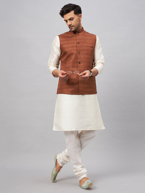 Vastramay Men's Coffee Matka Silk Nehru Jacket With Cream Silk Blend Kurta Pyjama Set